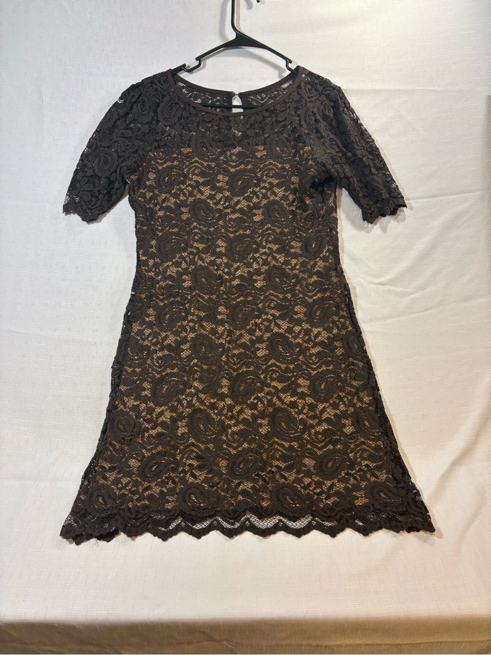 Karen Kane Black Lace Short Sleeve Dress with Nude Liner